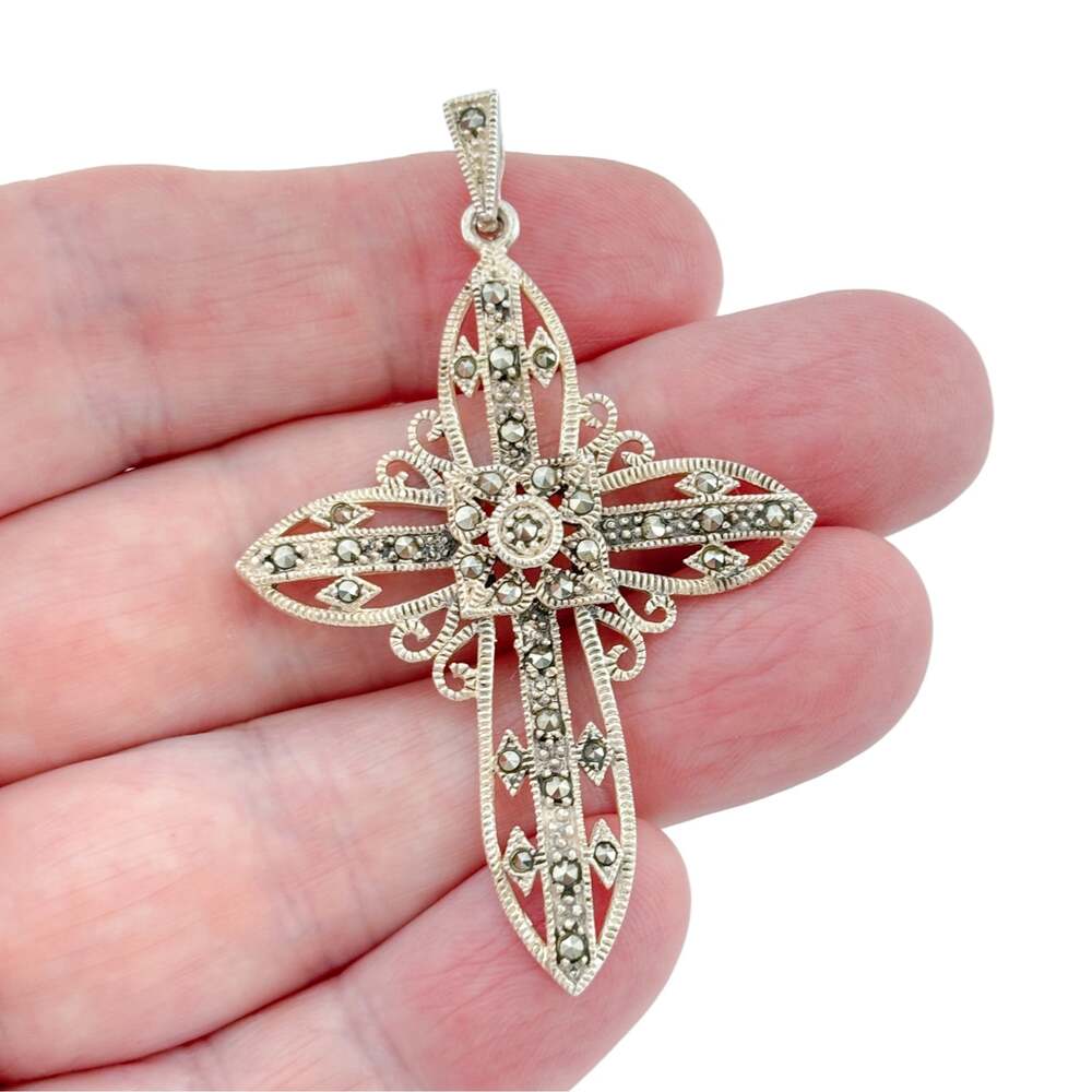 Vintage Sterling Silver 925 Marcasite Openwork Cross Pendant